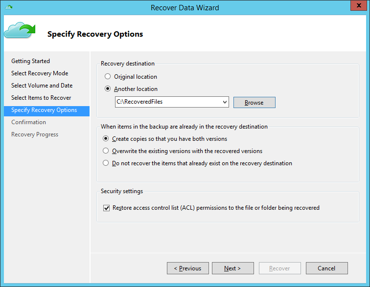  Microsoft Azure Backup - Recover Data - Select restore location
