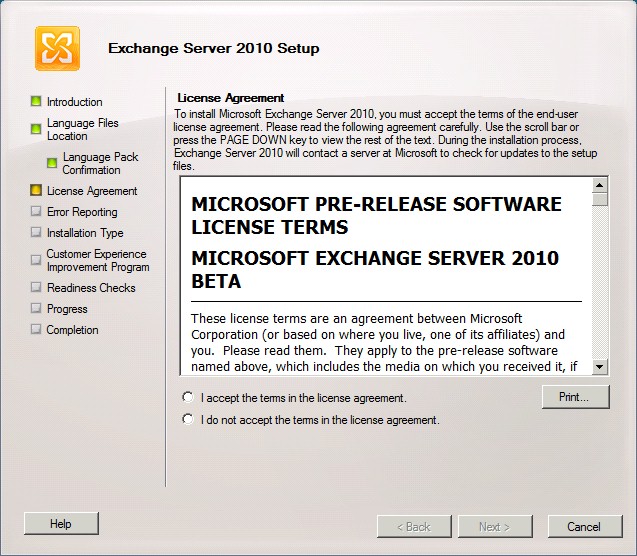 Exchange 2010 Setup License Agreement
