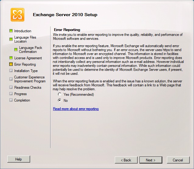 Exchange 2010 Setup Error Reporting