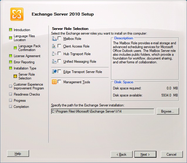 Exchange 2010 Setup Server Role Selection