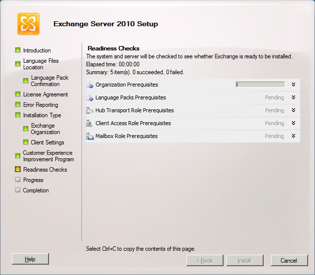 Exchange Server 2010 - Setup Readiness Checks