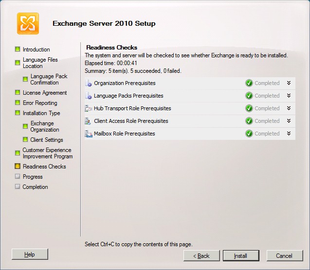 Exchange Server 2010 - Setup Readiness Checks Completed
