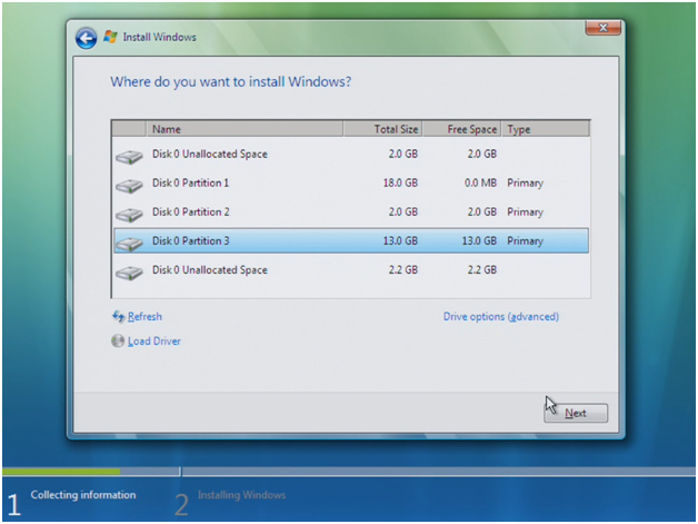 Install Windows Vista - choose partition
