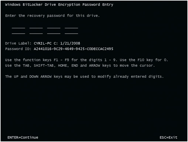 Secure startup with BitLocker - modified boot chain, recovery password entry