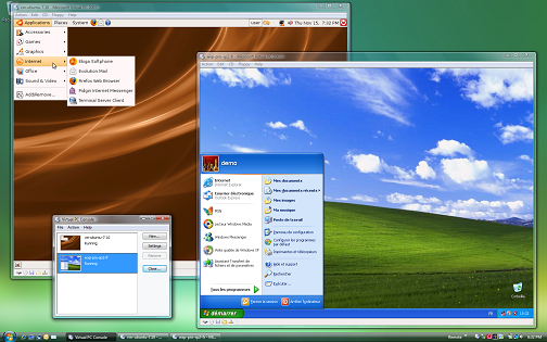 Virtual PC 2007 sous Windows Vista, exécutant deux machines virtuelles sous Ubuntu et Windows XP