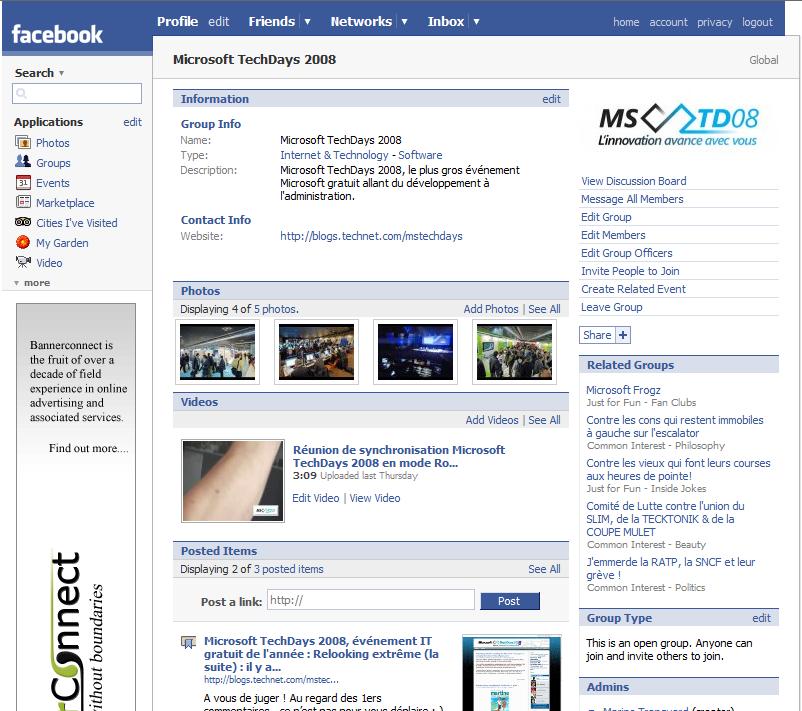 Microsoft TechDays 2008 sur Facebook