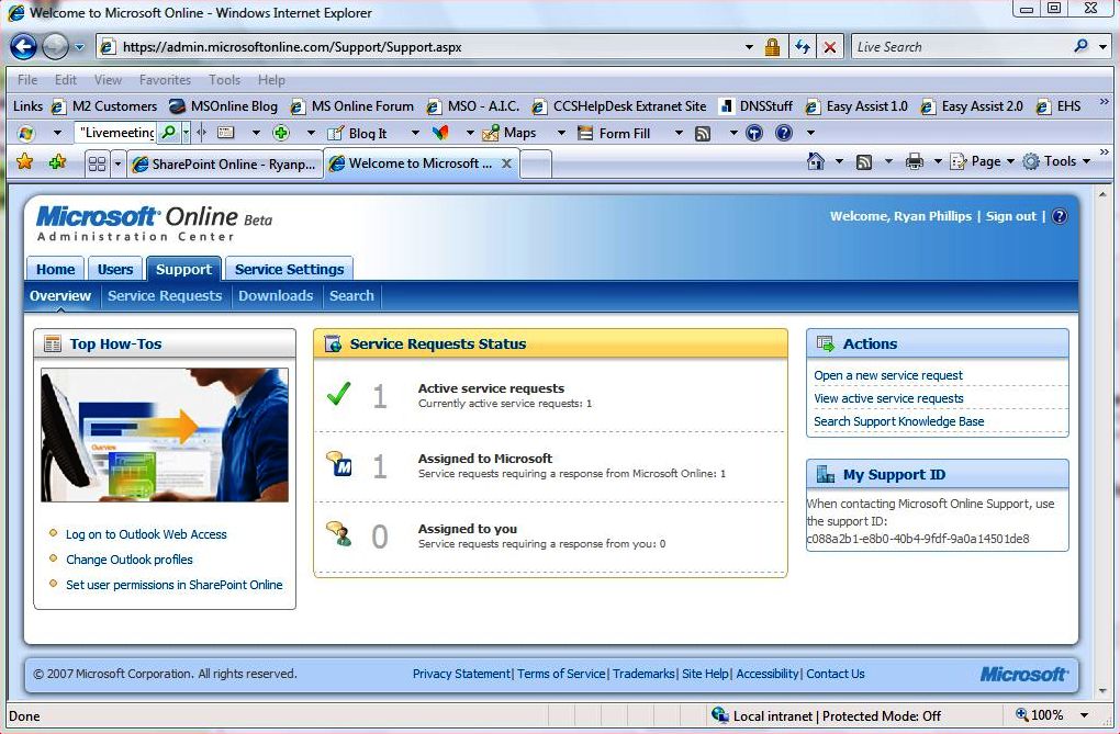 Microsoft Online Admin Center - Service Requests