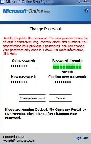 Unable to Change Password in MS Online Sign In Client