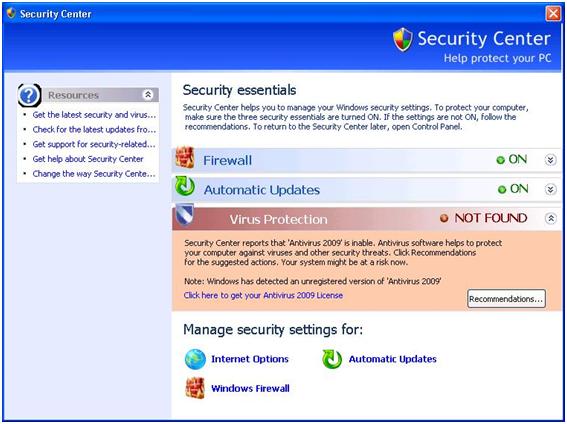 Falsa tela do Windows Security Center mostrada pelo Win32/FakeXPA