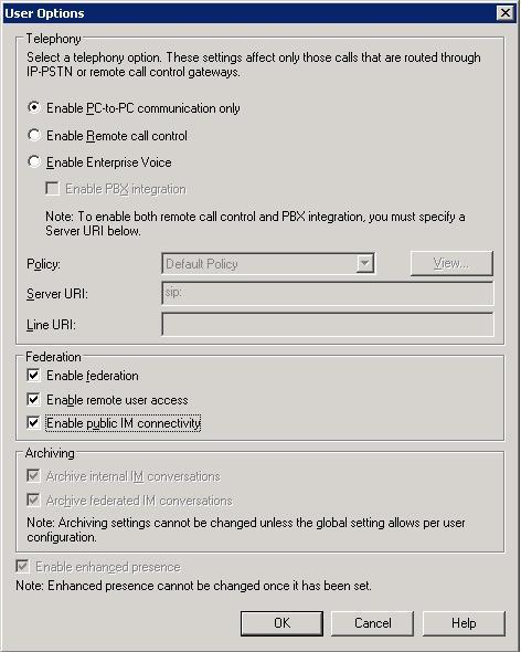 OCS 2007 AD user configuration for PC-PC communication