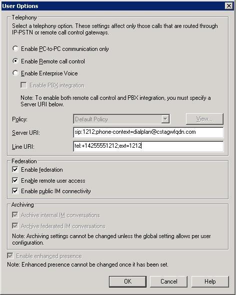 OCS 2007 AD user configuration for Remote Call Control