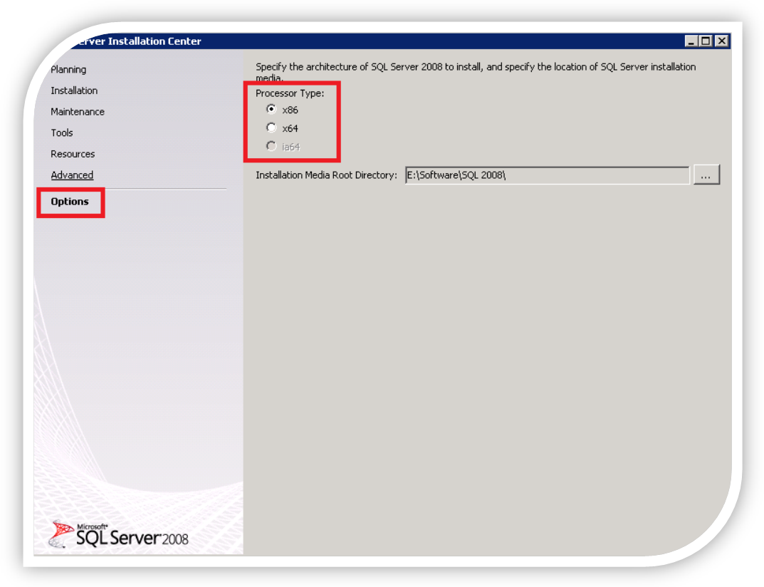 How to install SQL server 2008 32Bit on Windows 2008 X64