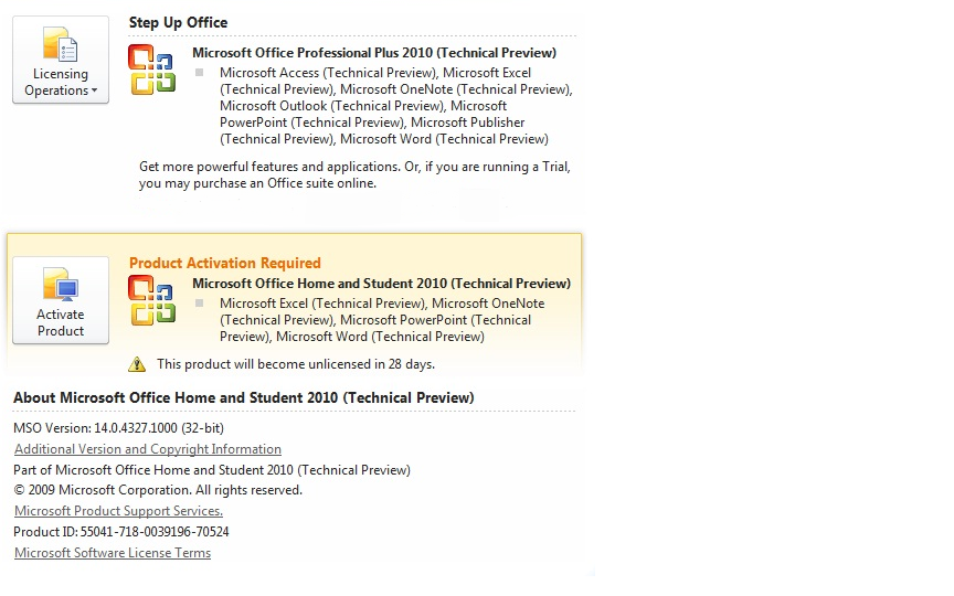 Office 2010 许可证信息（包括内部版本号）