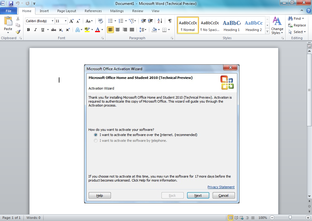 Office 2010 Activation Dialog