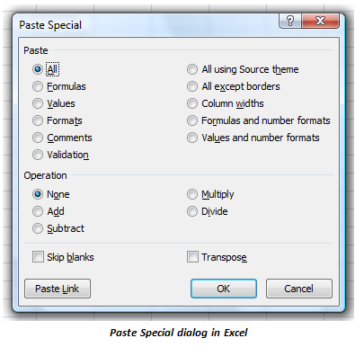 Диалоговое окно специальной вставки в Excel