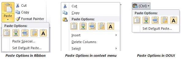 显示“Paste Options”的三个 UI 位置：功能区、上下文菜单和 OOUI