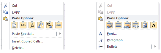 Dos posibles conjuntos de opciones de pegado. Uno para celdas de Excel y otro para opciones de tema y texto.