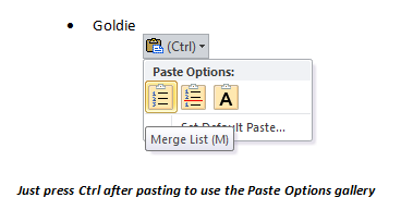 Paste options gallery, which can be launched using 'Ctrl' after pasting